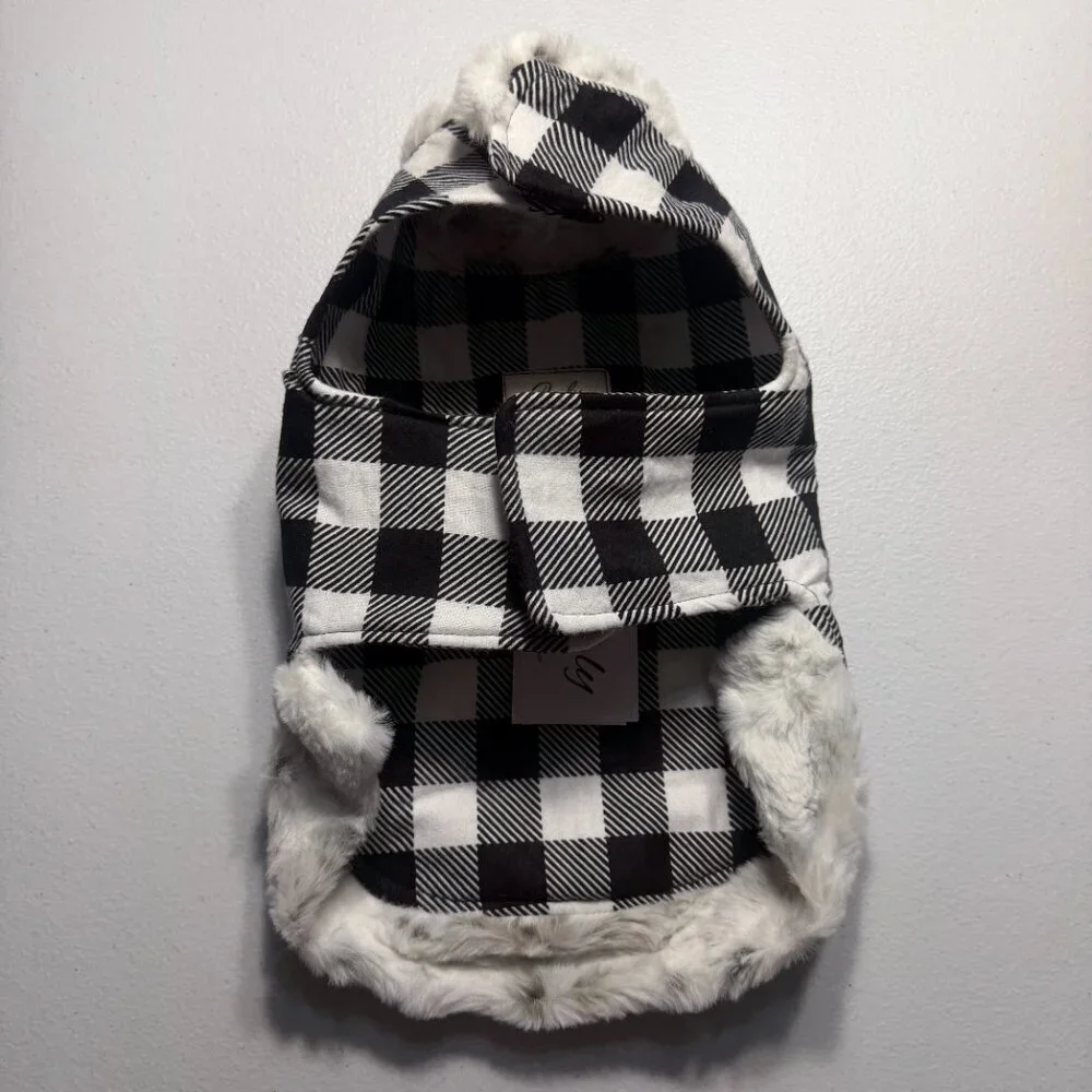 Buffalo Plaid Dog Coat with Fur Trim Stylish Winter Jacket for Pets Size Medium